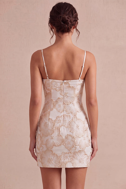 Ivory Bodycon Spaghetti Straps Floral Jacquard Mini Dress