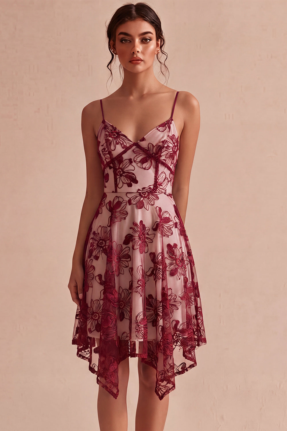 A-Line Ivory Spaghetti Straps Floral Mini Dress