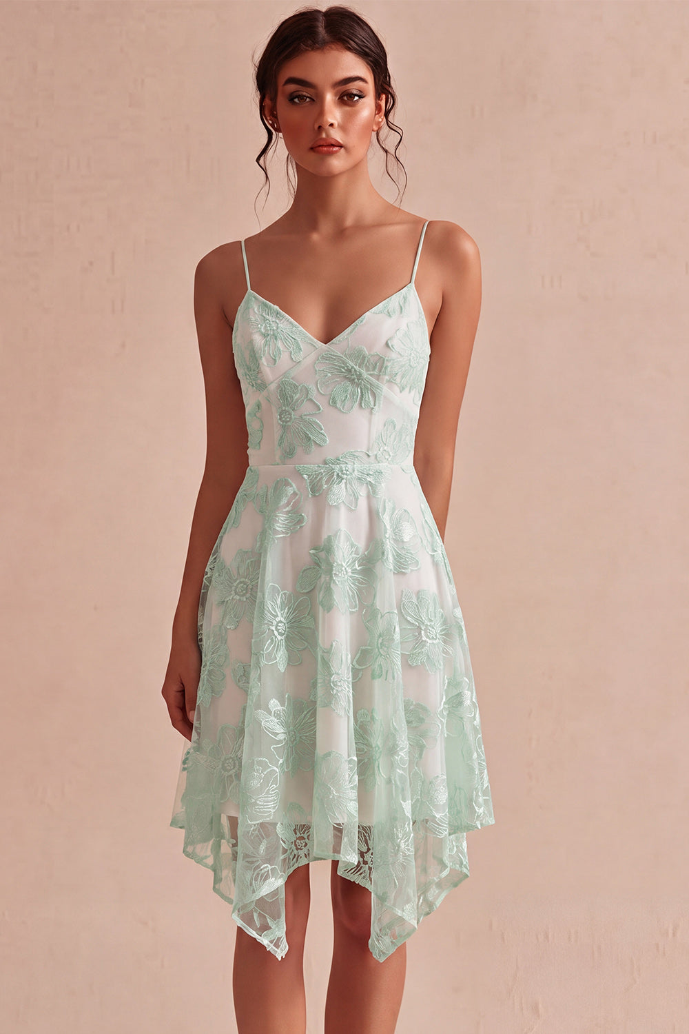 A-Line Ivory Spaghetti Straps Floral Mini Dress