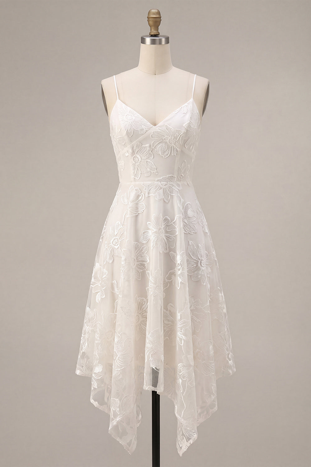 A-Line Ivory Spaghetti Straps Floral Mini Dress