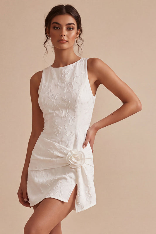 Round Neck Bodycon Floral Little White Dress with Slit