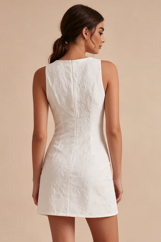 Round Neck Bodycon Floral Little White Dress with Slit