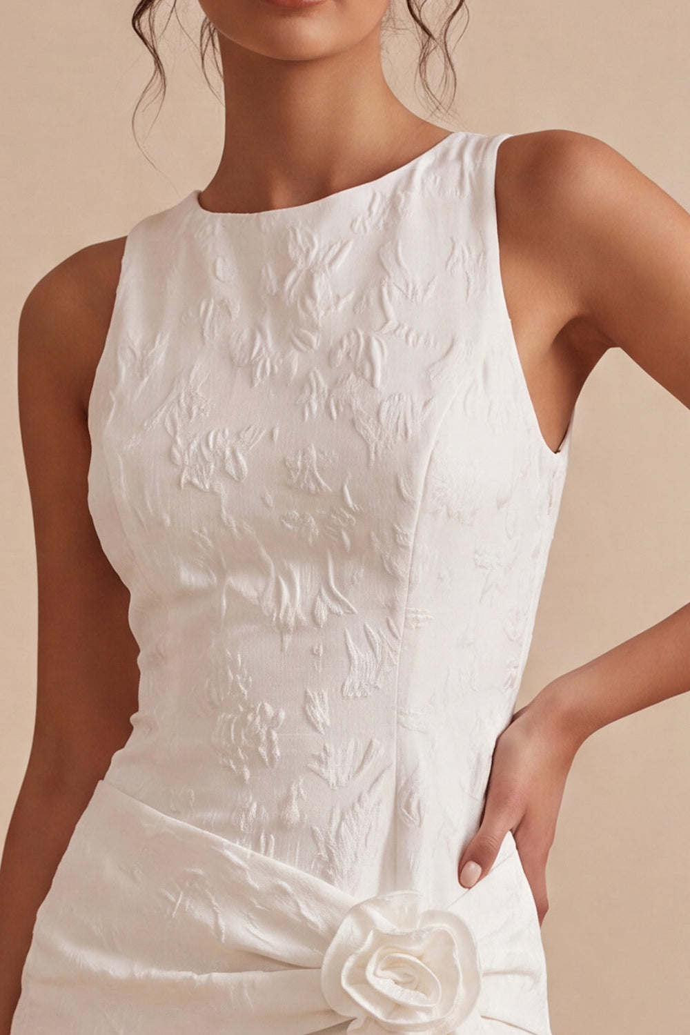 Round Neck Bodycon Floral Little White Dress with Slit