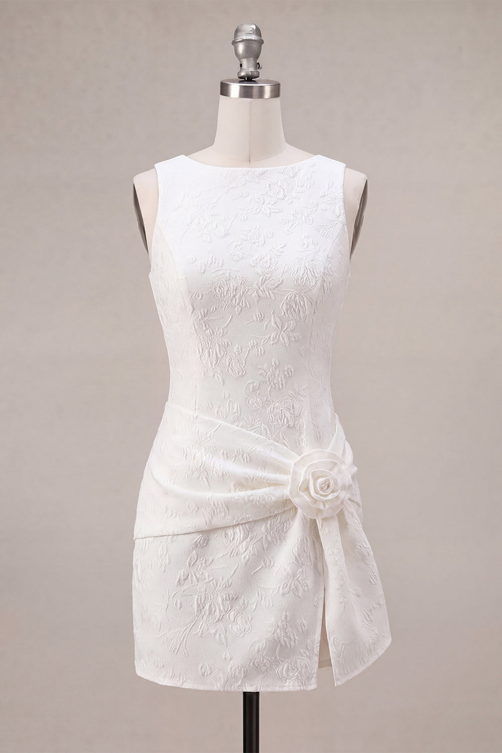 Round Neck Bodycon Floral Little White Dress with Slit