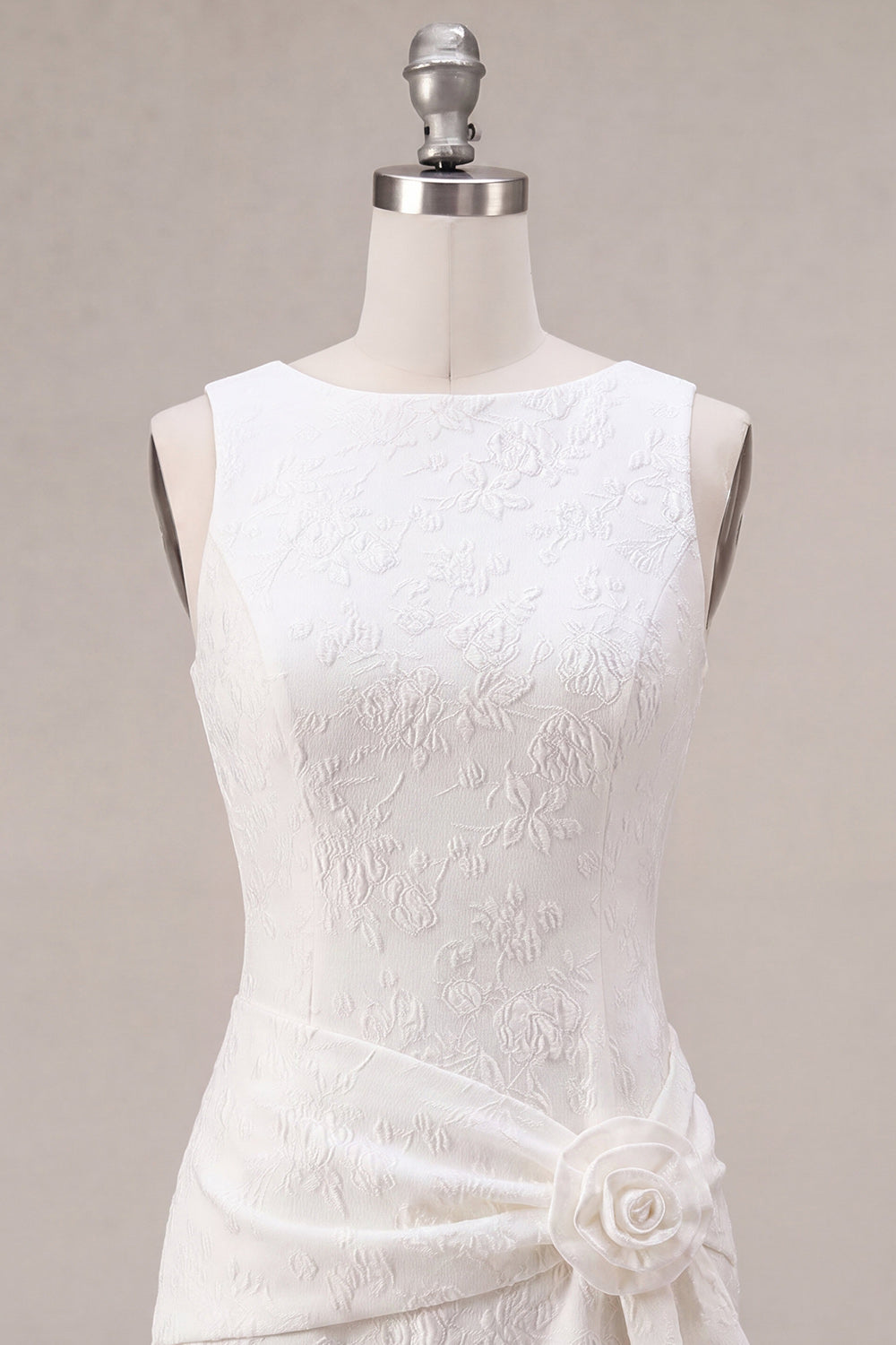 Round Neck Bodycon Floral Little White Dress with Slit