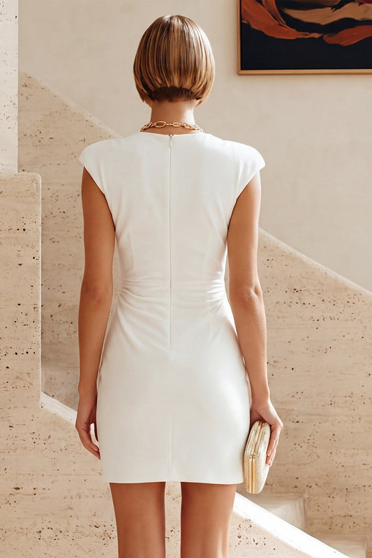 Round Neck Bodycon Ruched Little White Dress with Cap Sleeves