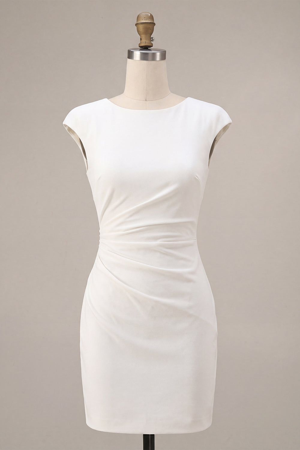 Round Neck Bodycon Ruched Little White Dress with Cap Sleeves