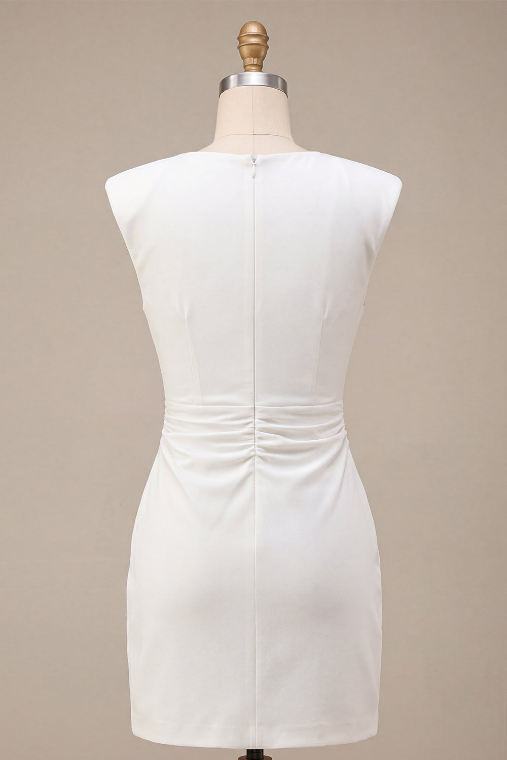 Round Neck Bodycon Ruched Little White Dress with Cap Sleeves