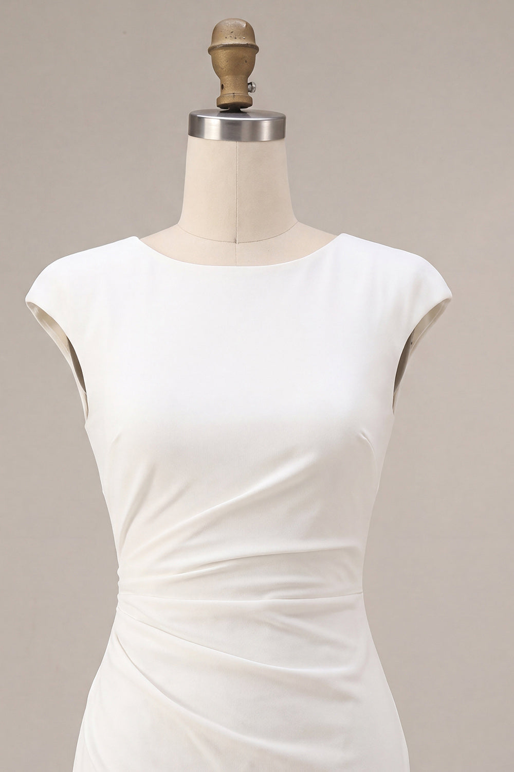 Round Neck Bodycon Ruched Little White Dress with Cap Sleeves