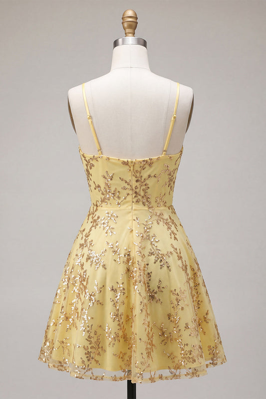 Yellow A-Line Spaghetti Straps Sequins Homecoming Dress