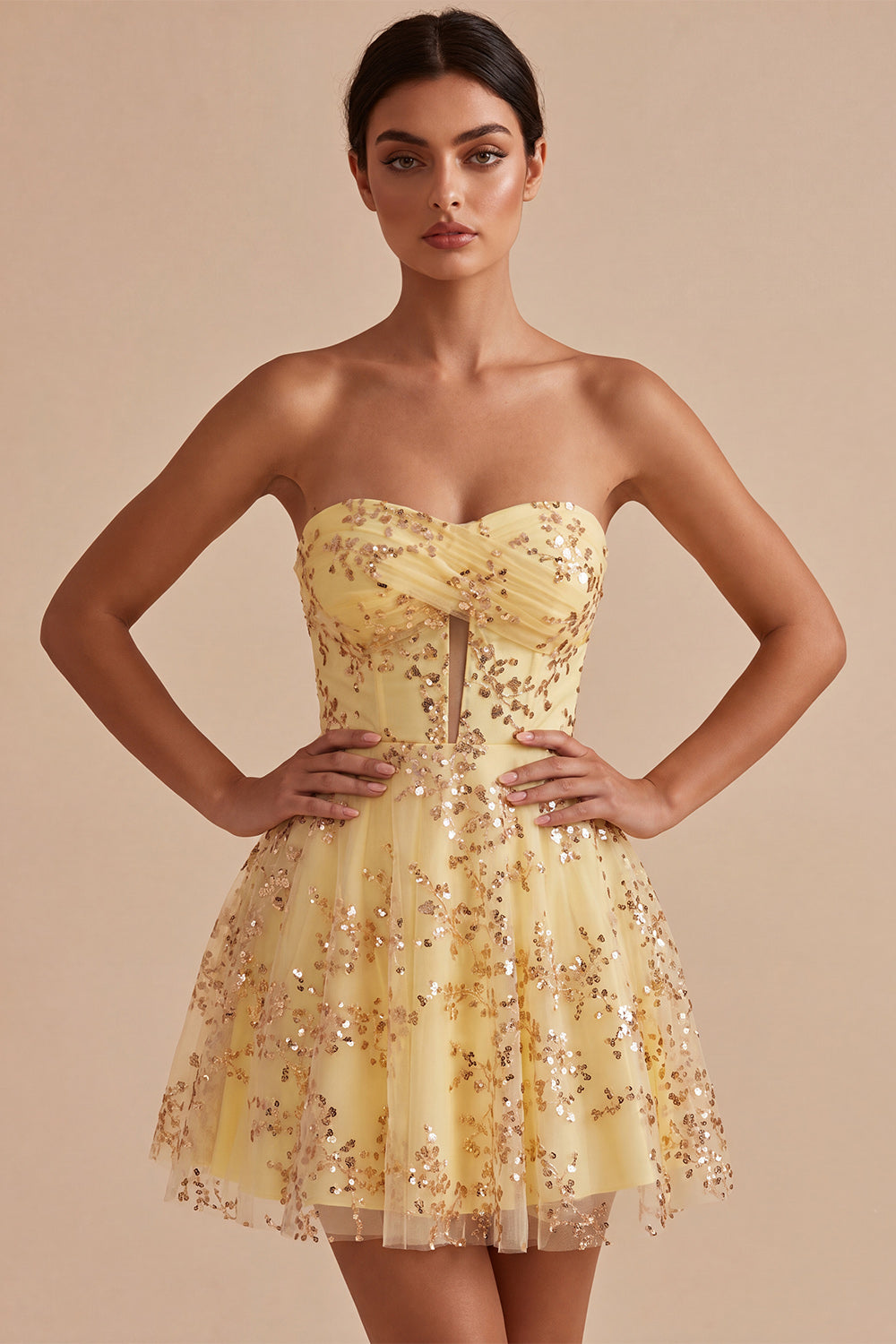 Yellow A-Line Strapless Cut Out Sequins Homecoming Dress