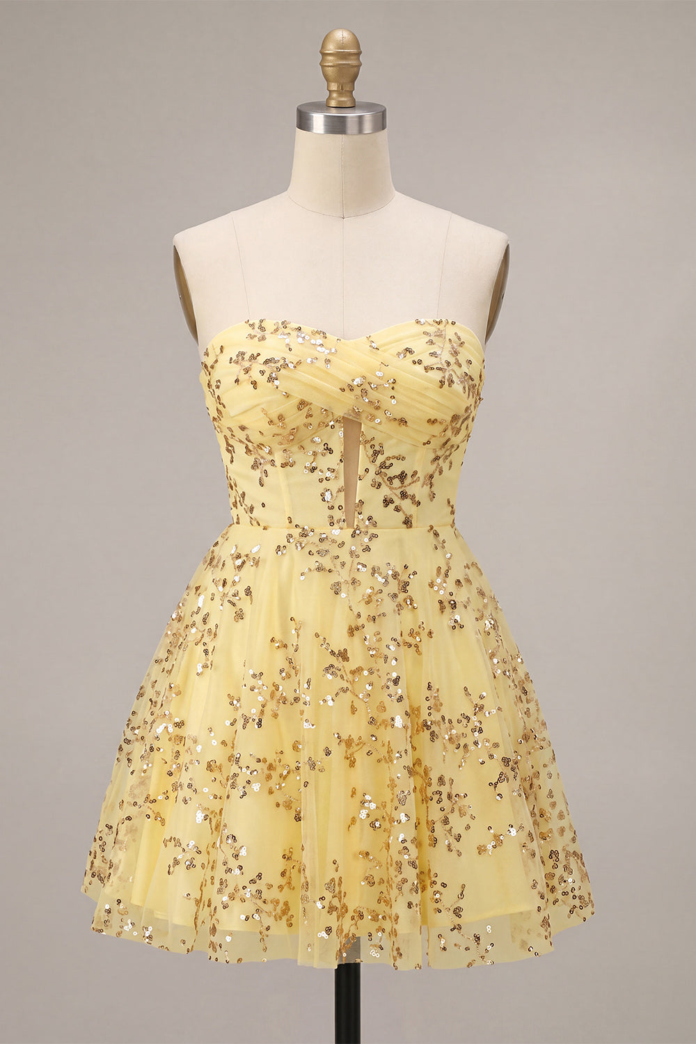 Yellow A-Line Strapless Cut Out Sequins Homecoming Dress