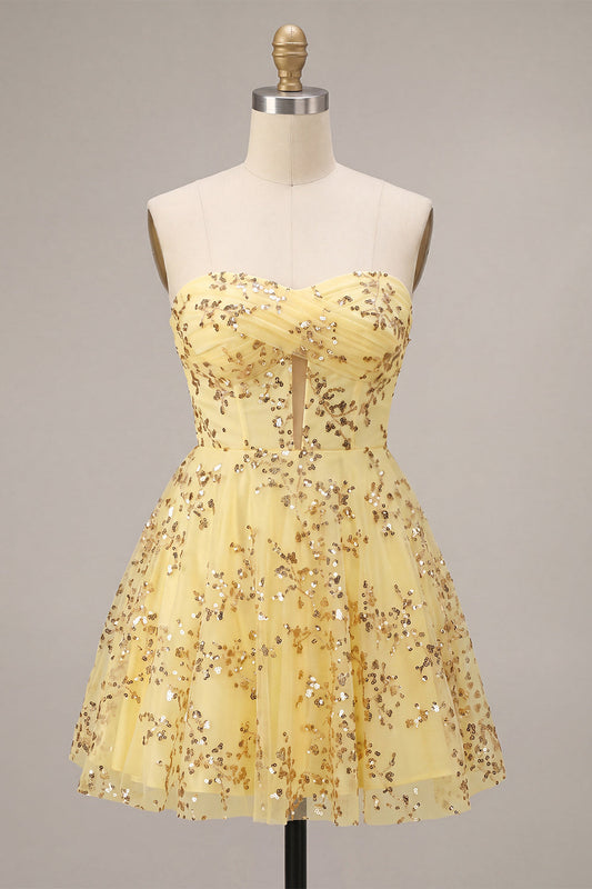 Yellow A-Line Strapless Cut-Out Sequin Homecoming Dress