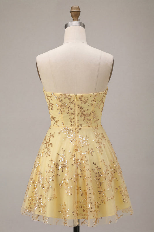 Yellow A-Line Strapless Cut-Out Sequin Homecoming Dress