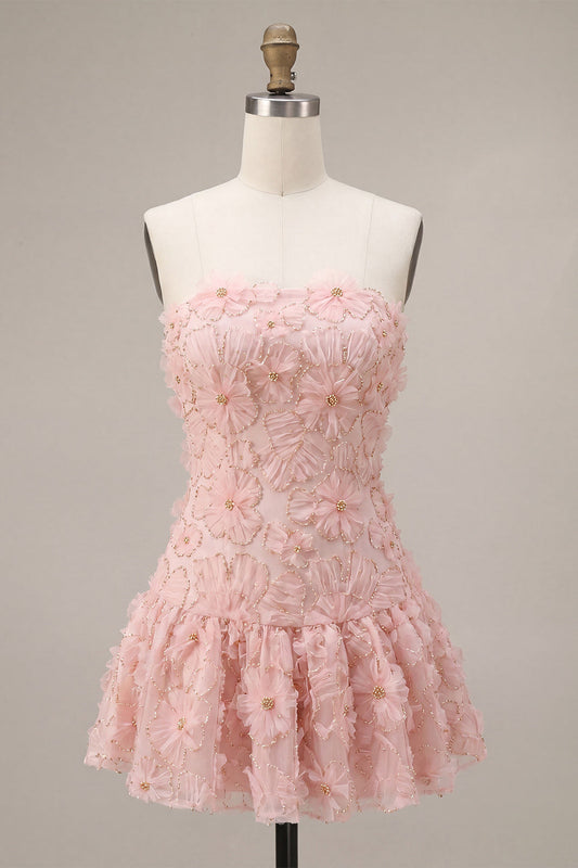 Pink A-Line Strapless Beaded Pearl Floral Short Birthday Dress