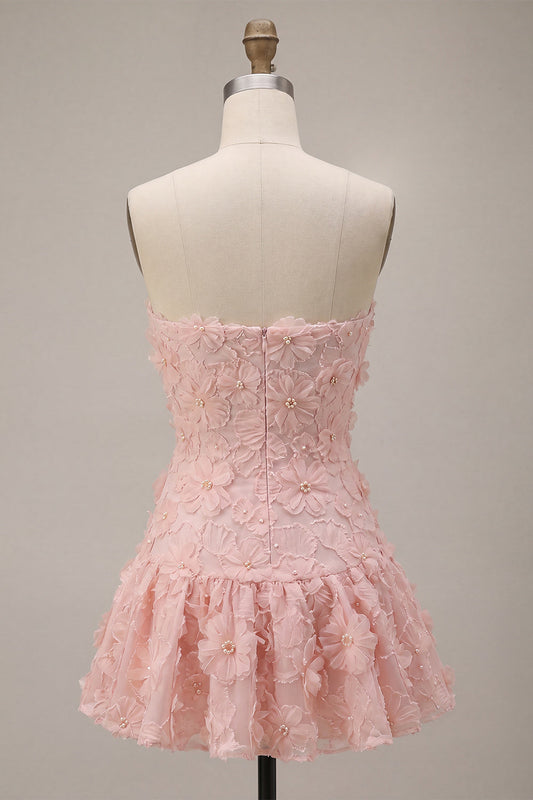 Pink A-Line Strapless Beaded Pearl Floral Short Birthday Dress