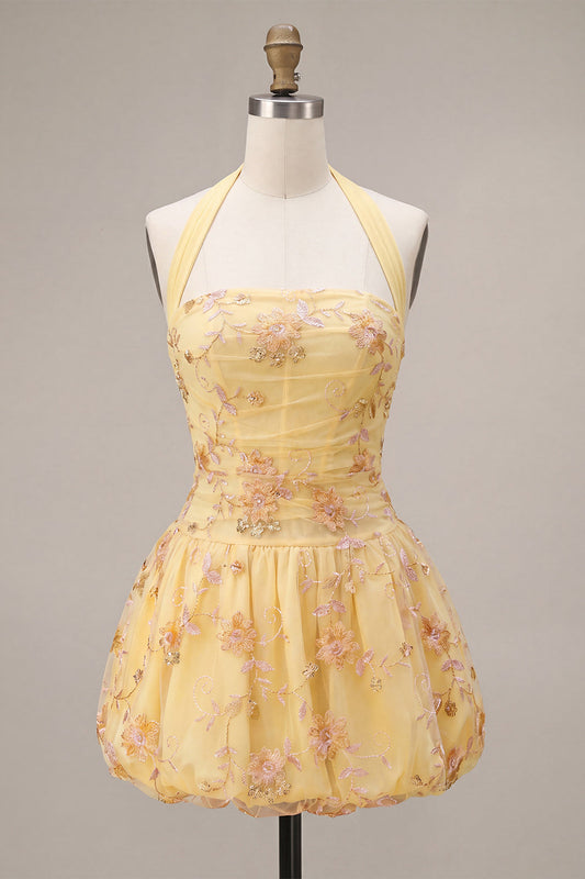 Vestido de Cumpleaños Amarillo con Cuello Halter en Línea A y Bordado Floral