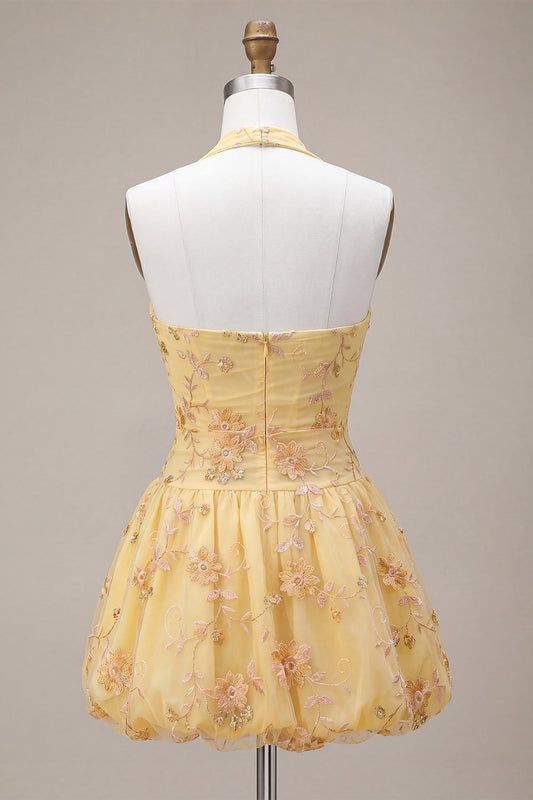 Vestido de Cumpleaños Amarillo con Cuello Halter en Línea A y Bordado Floral