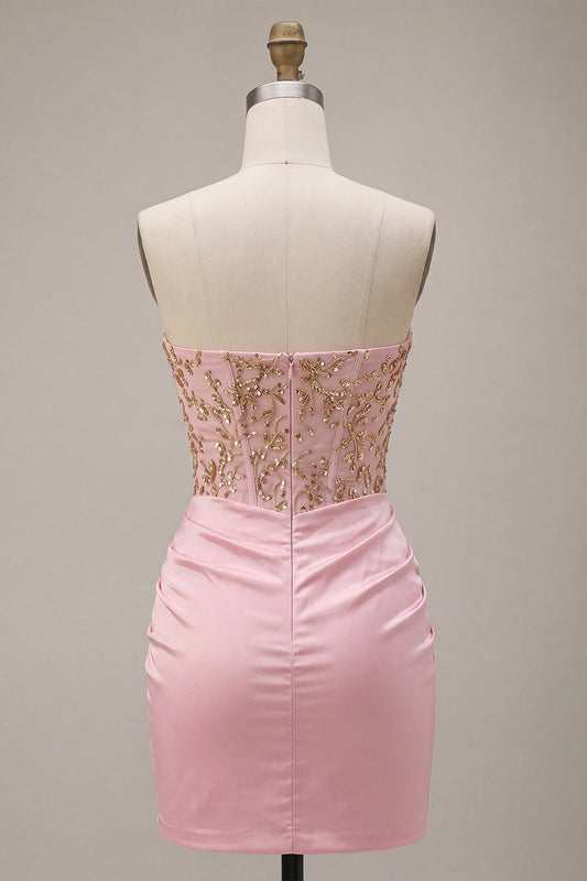 Pink Strapless Bodycon Beaded Ruched Homecoming Dress