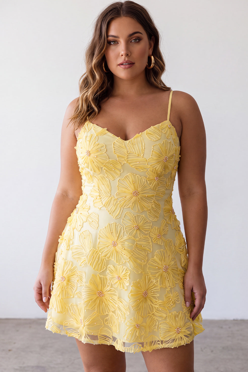 A-Line Yellow Beaded Spaghetti Straps Floral Pearl Short Birthday Dress