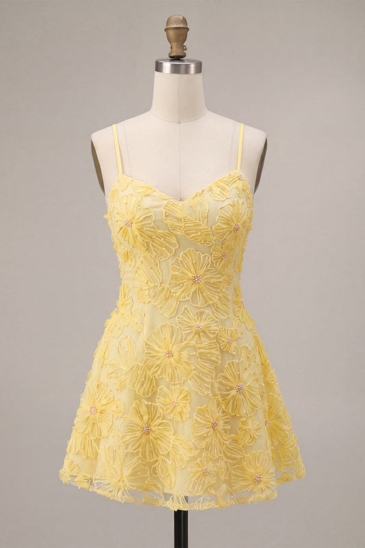 A-Line Yellow Beaded Spaghetti Straps Floral Pearl Short Birthday Dress