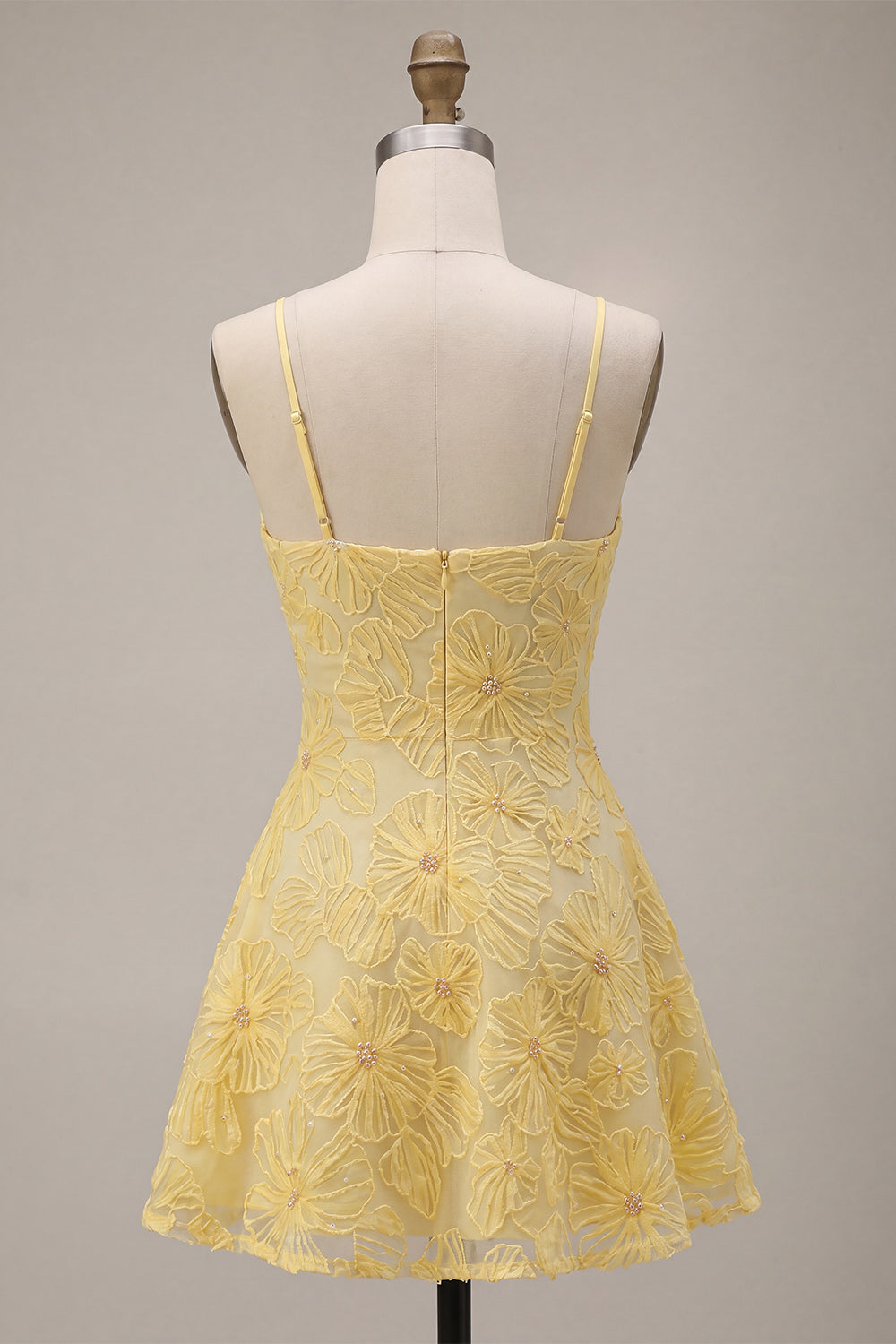 A-Line Yellow Beaded Spaghetti Straps Floral Pearl Short Birthday Dress