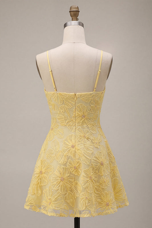 A-Line Yellow Beaded Spaghetti Straps Floral Pearl Short Birthday Dress