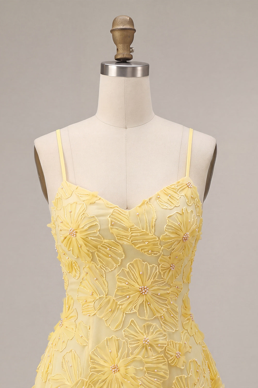 A-Line Yellow Beaded Spaghetti Straps Floral Pearl Short Birthday Dress