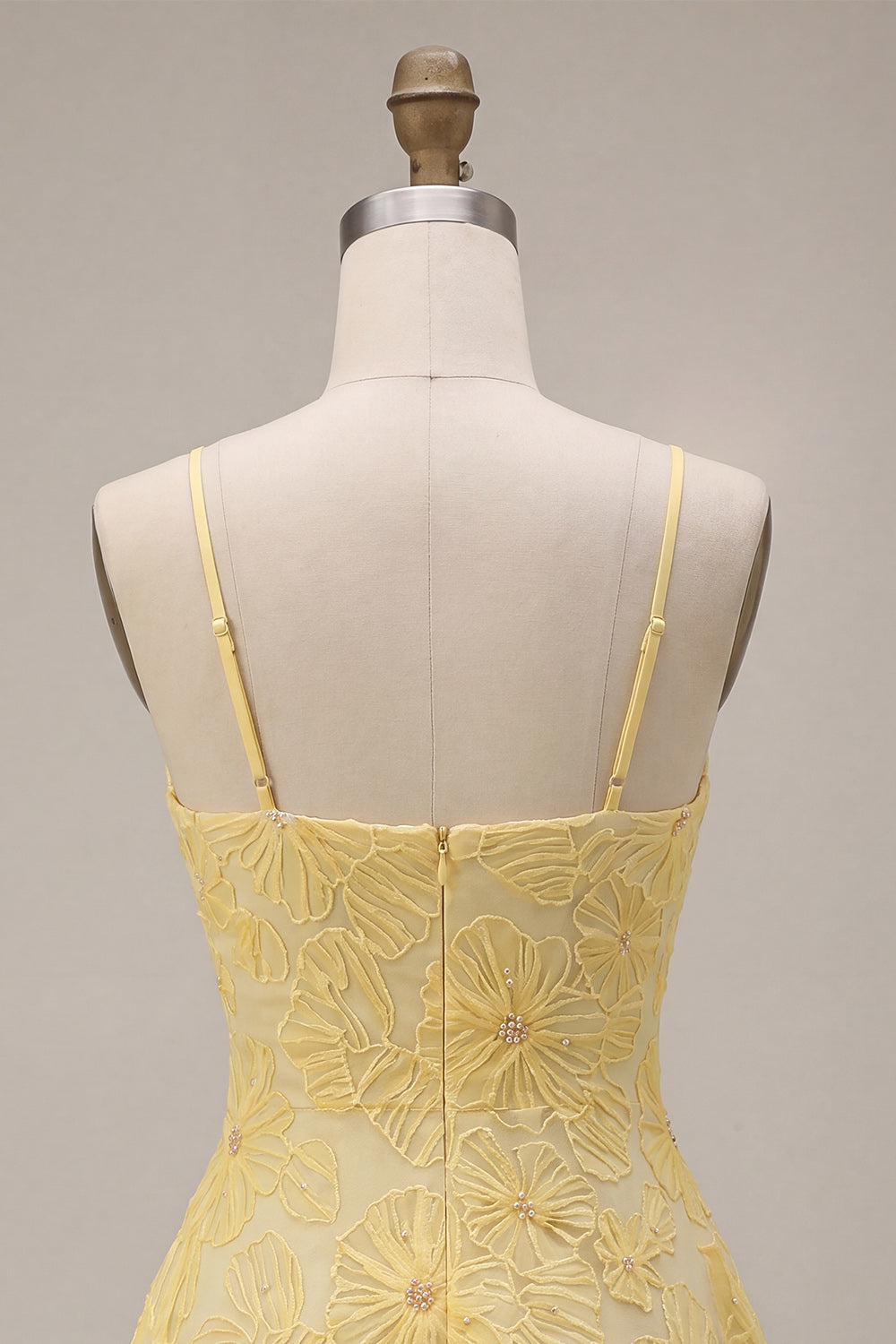 A-Line Yellow Beaded Spaghetti Straps Floral Pearl Short Birthday Dress
