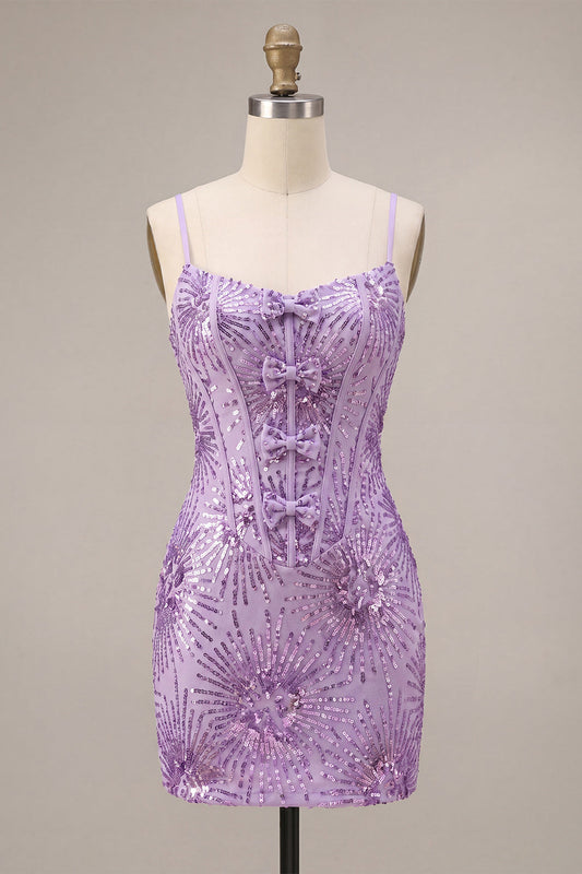Plum Bodycon Spaghetti Straps Corset Sequins Homecoming Dress with Bow