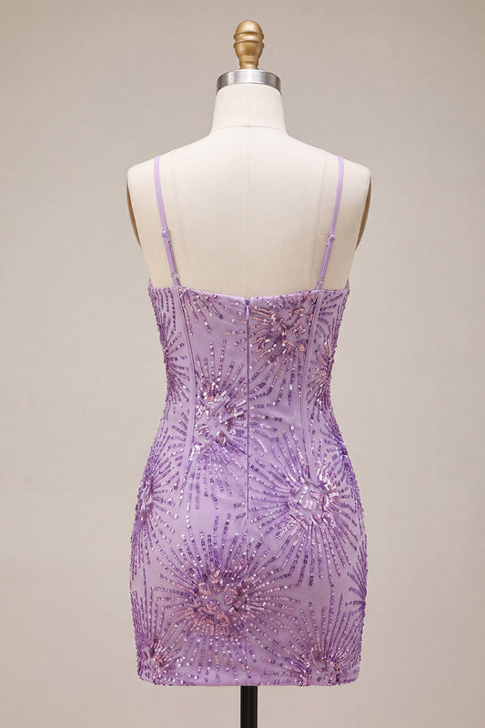 Plum Bodycon Spaghetti Straps Corset Sequins Homecoming Dress with Bow