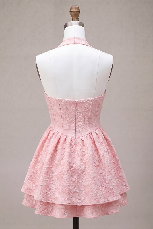 Pink A-Line Cowl Neck Corset Tiered Birthday Dress