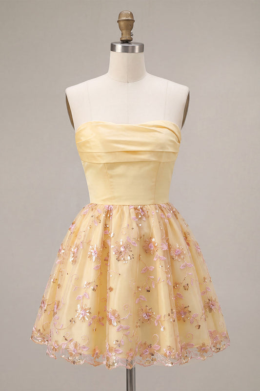 Light Yellow A-Line Strapless Floral Embroidered Homecoming Dress
