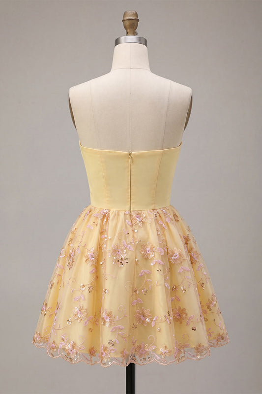 Light Yellow A-Line Strapless Floral Embroidered Homecoming Dress