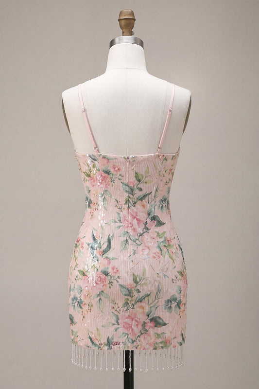 Sparkly White Pink Flower Bodycon Sequin Homecoming Dress with Fringe