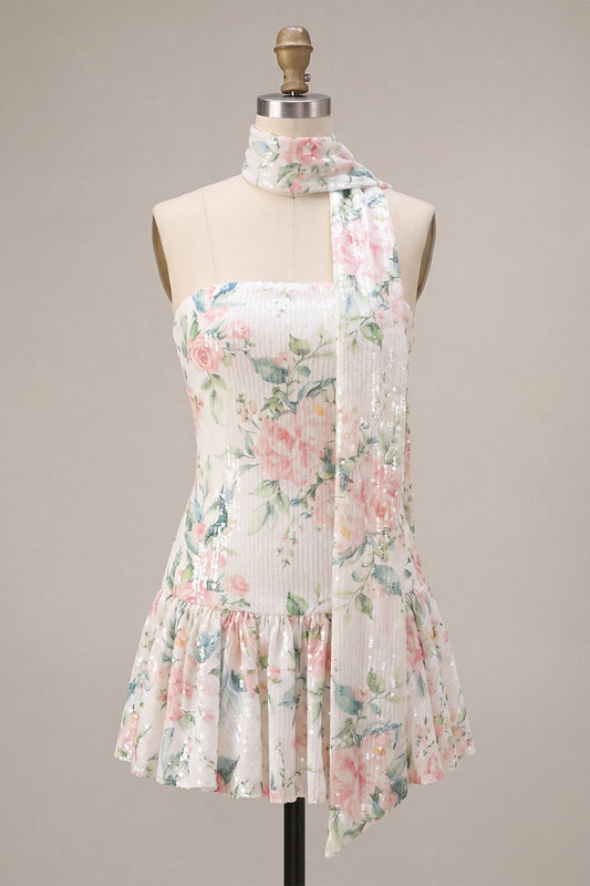 Sparkly White Pink Flower A-Line Strapless Sequins Homecoming Dress with Neck Scarf