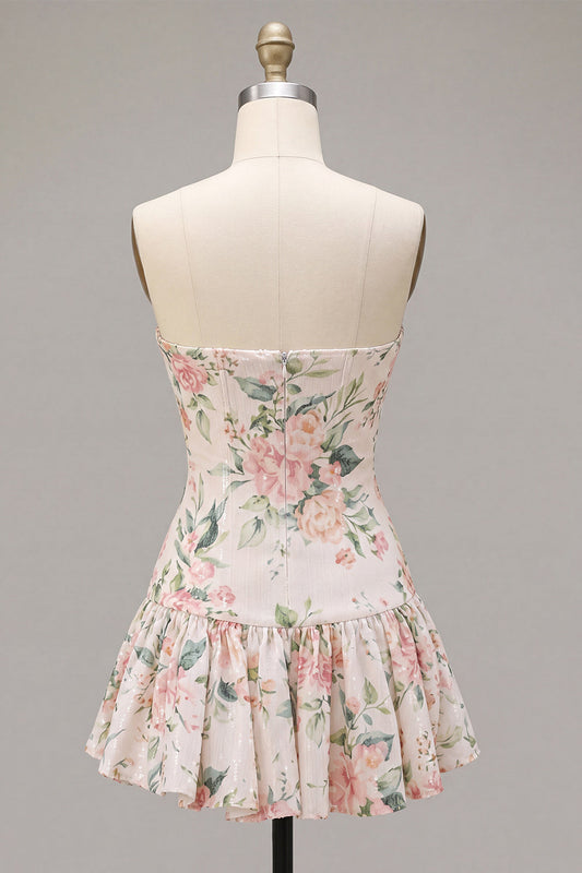 Sparkly White Pink Flower A-Line Strapless Sequins Homecoming Dress with Neck Scarf