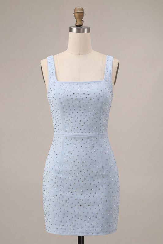 Sky Blue Square Neck Bodycon Homecoming Dress with Beading
