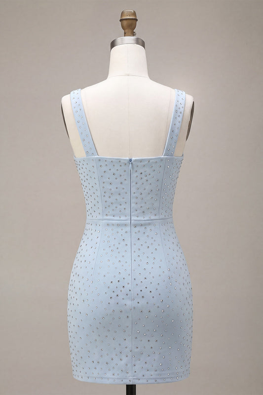 Sky Blue Square Neck Bodycon Homecoming Dress with Beading