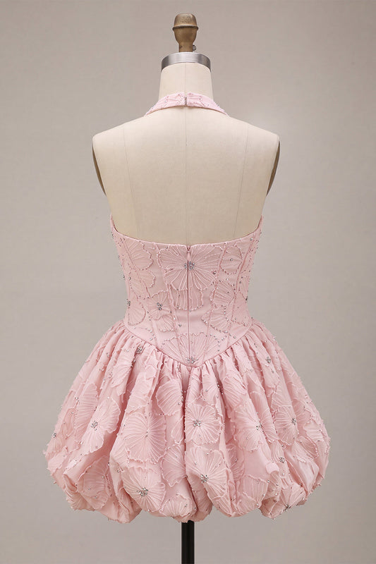Halter Neck Pink A-Line Floral Corset Jacquard Beaded Homecoming Dress