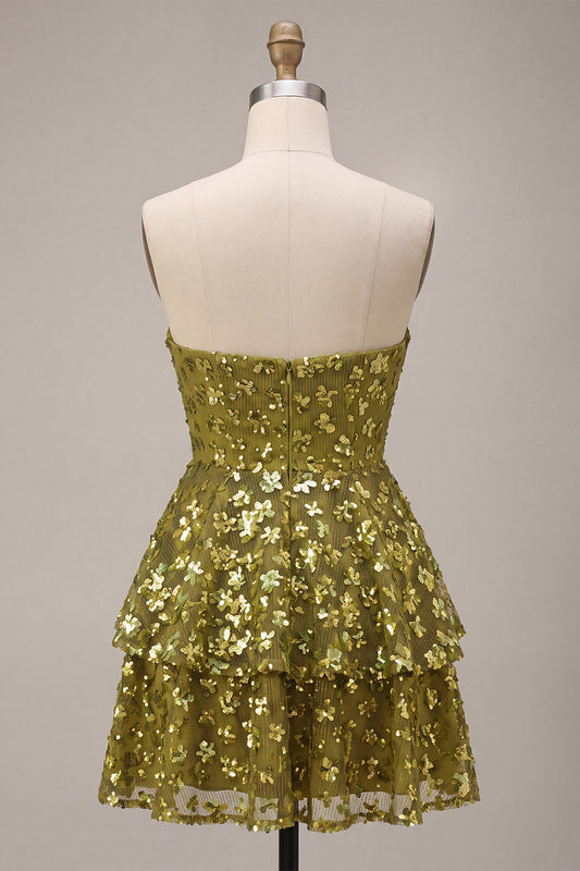 Robe de soirée courte à sequins sans bretelles étagée ligne A vert olive