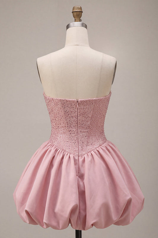 A-Line Pink Strapless Corset Satin Homecoming Dress with Beading