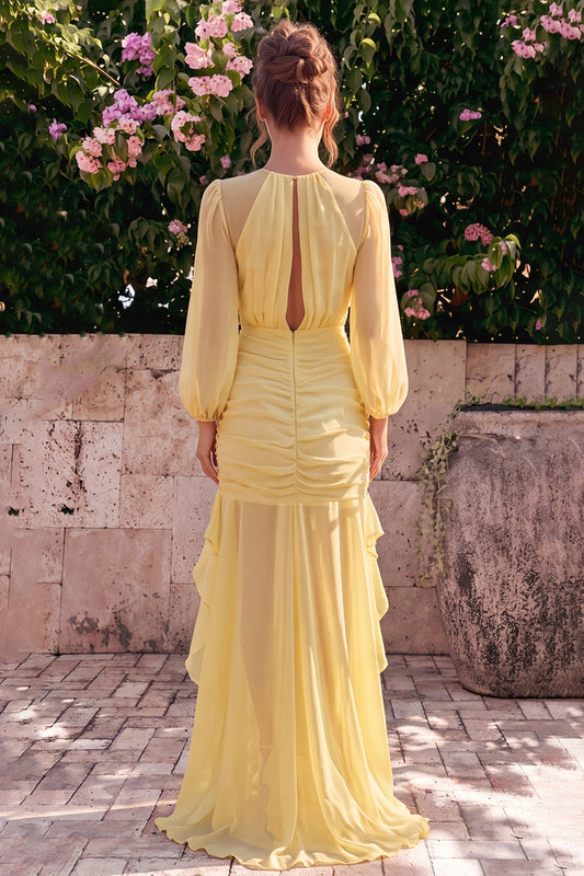 Daffodil Chiffon Mermaid Round Neck Ruffled Ruched Long Sleeve Maxi Dress