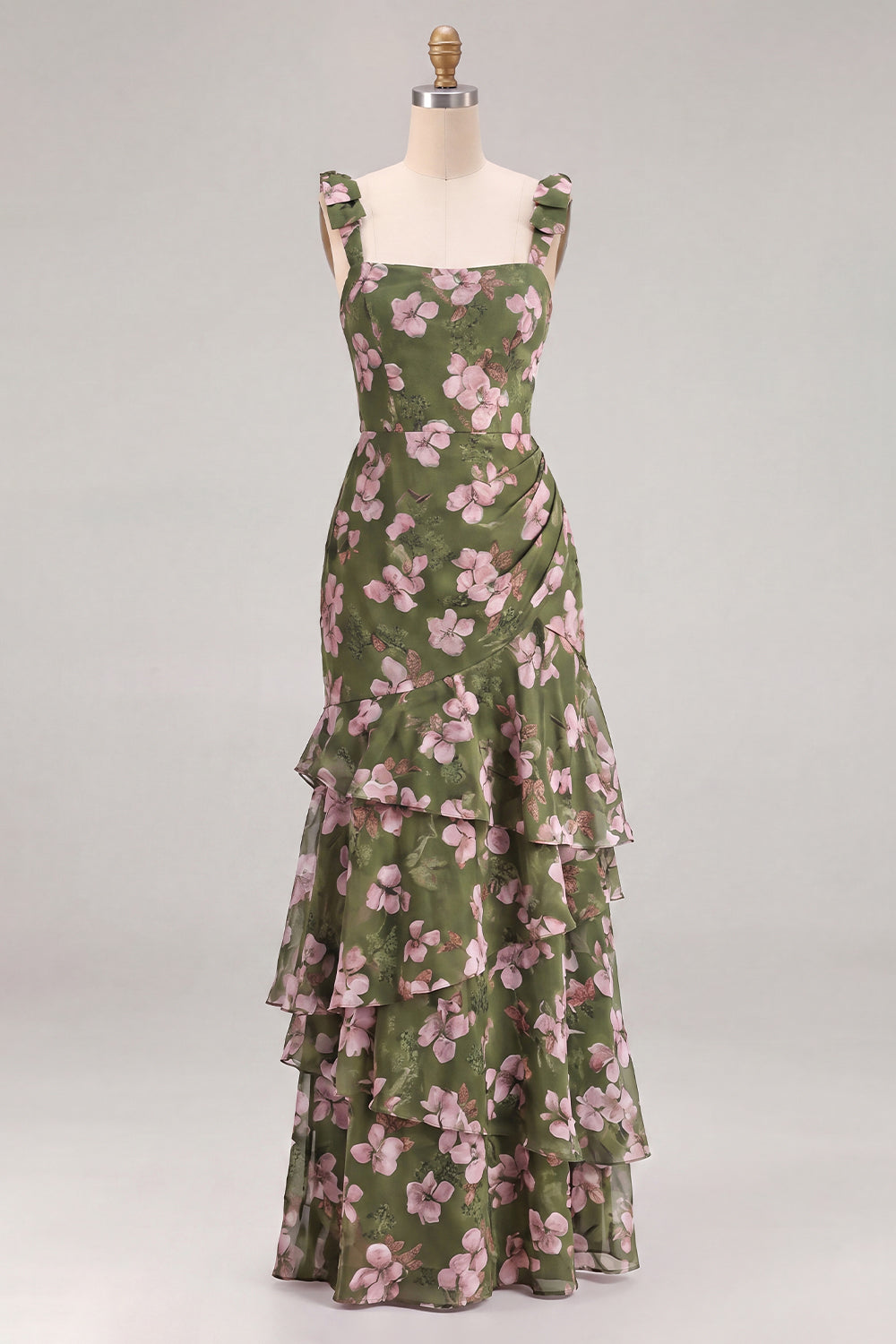 Robe longue de demoiselle d'honneur trapèze en mousseline à volants et bretelles épaisses motif fleurs vertes