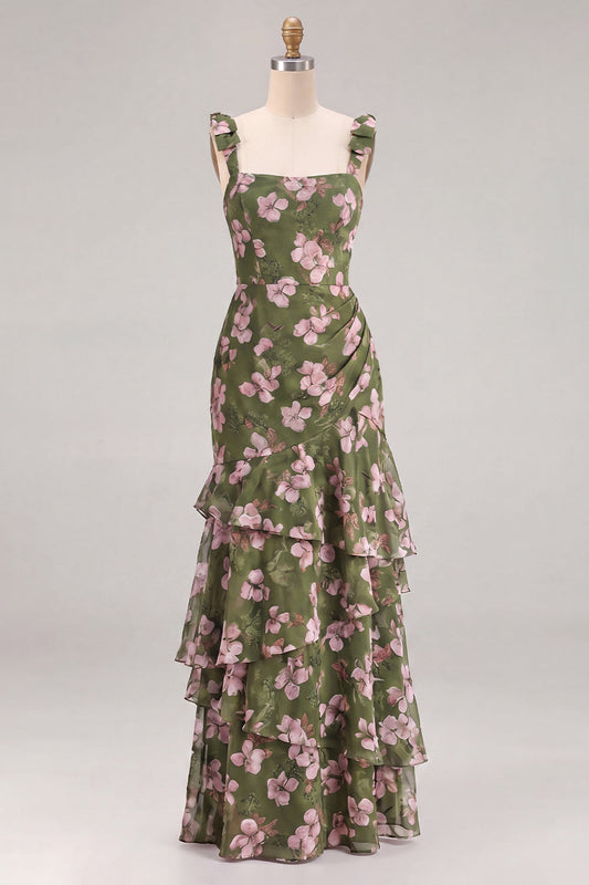 Robe longue de demoiselle d'honneur trapèze en mousseline à volants et bretelles épaisses motif fleurs vertes