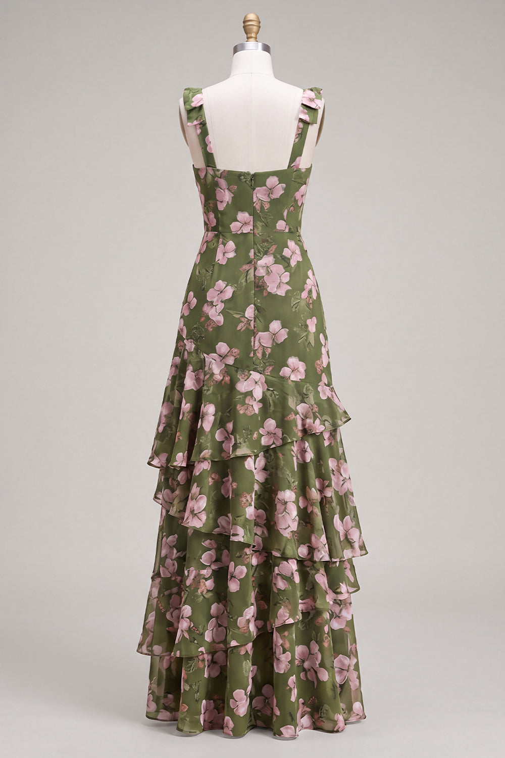 Robe longue de demoiselle d'honneur trapèze en mousseline à volants et bretelles épaisses motif fleurs vertes