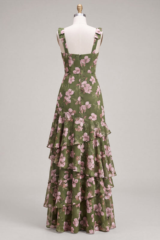 Robe longue de demoiselle d'honneur trapèze en mousseline à volants et bretelles épaisses motif fleurs vertes