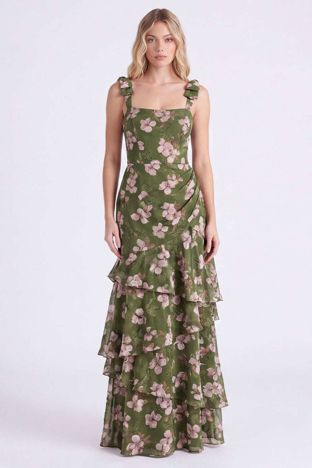 Robe longue de demoiselle d'honneur trapèze en mousseline à volants et bretelles épaisses motif fleurs vertes