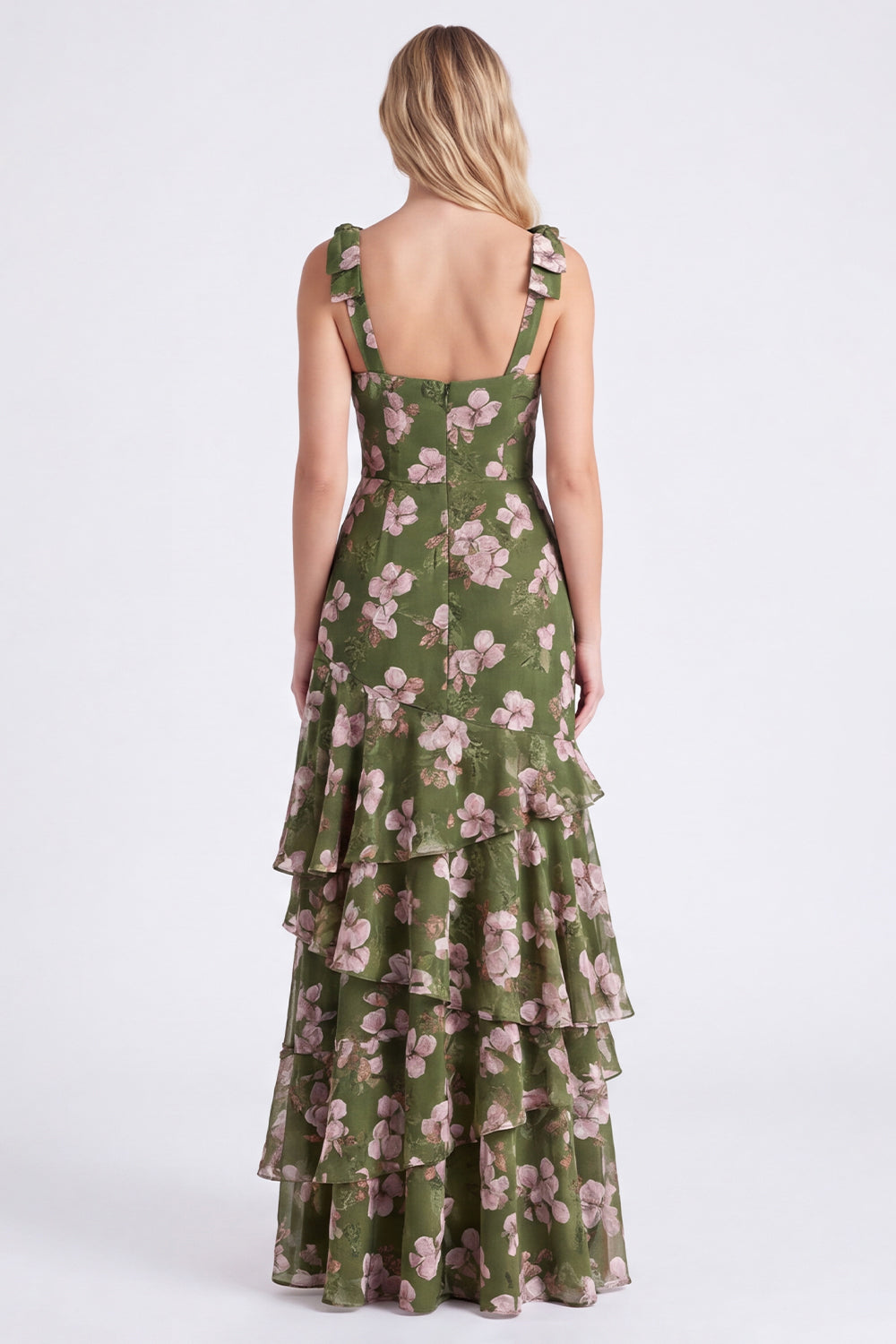 Robe longue de demoiselle d'honneur trapèze en mousseline à volants et bretelles épaisses motif fleurs vertes