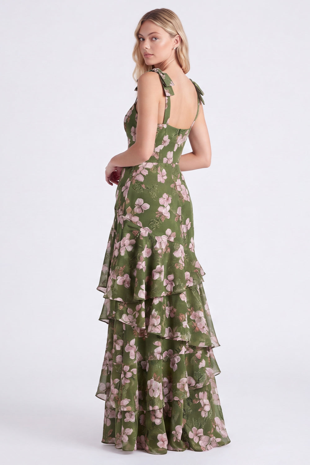 Robe longue de demoiselle d'honneur trapèze en mousseline à volants et bretelles épaisses motif fleurs vertes